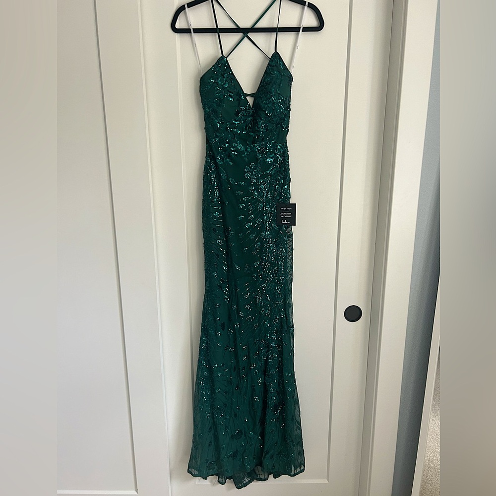 Dark green Lulu’s backless prom dress with lace up straps and sequin detailing - Picture 2 of 3